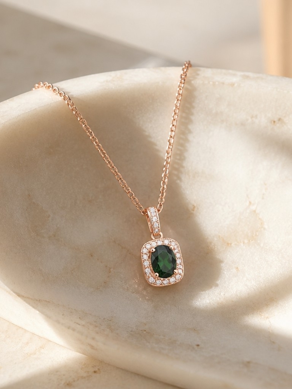 Rose Gold Green Stone Pendant Necklace